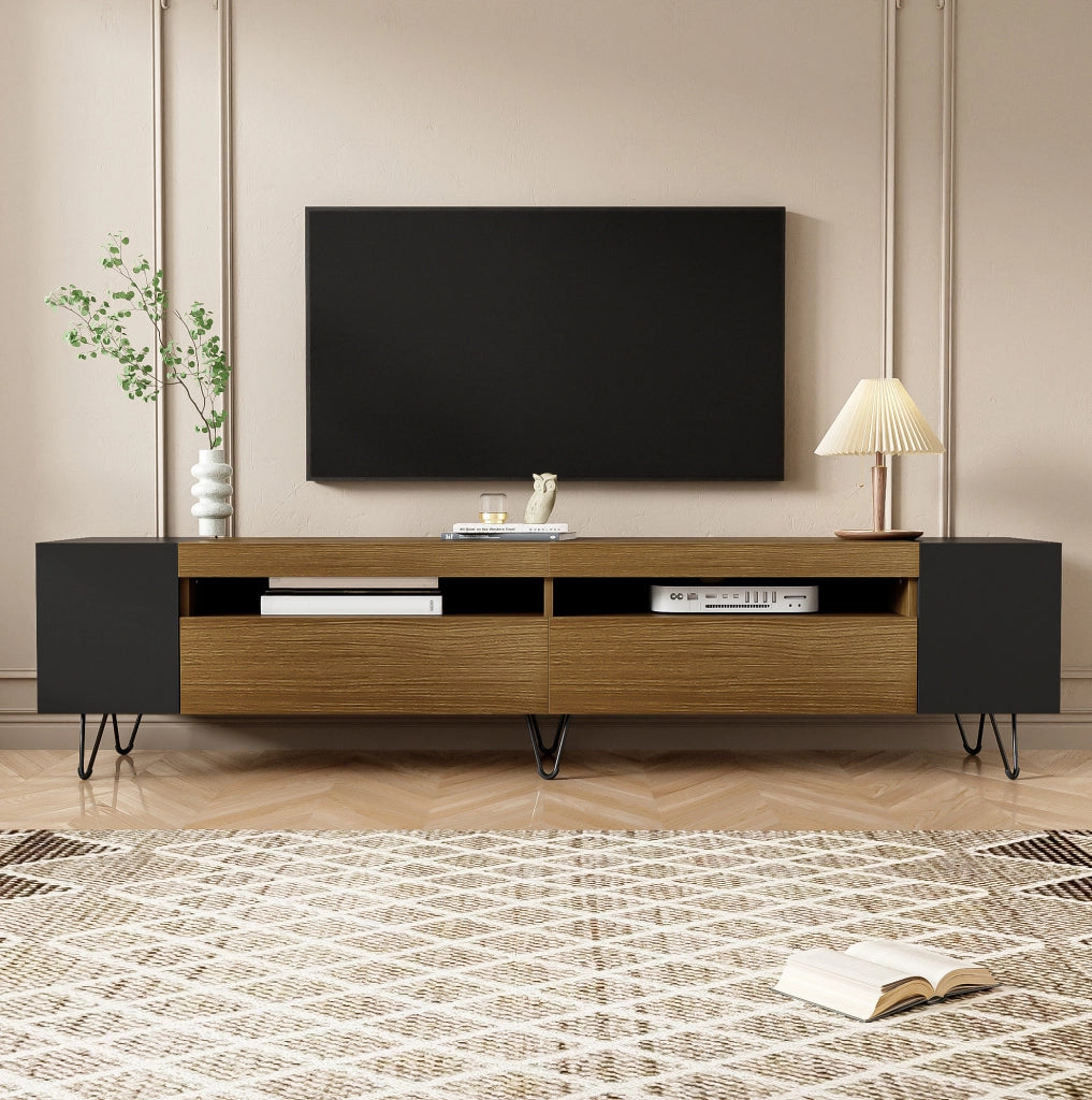 Mobile TV moderno 180 cm nero e effetto legno con ante e vani a giorno