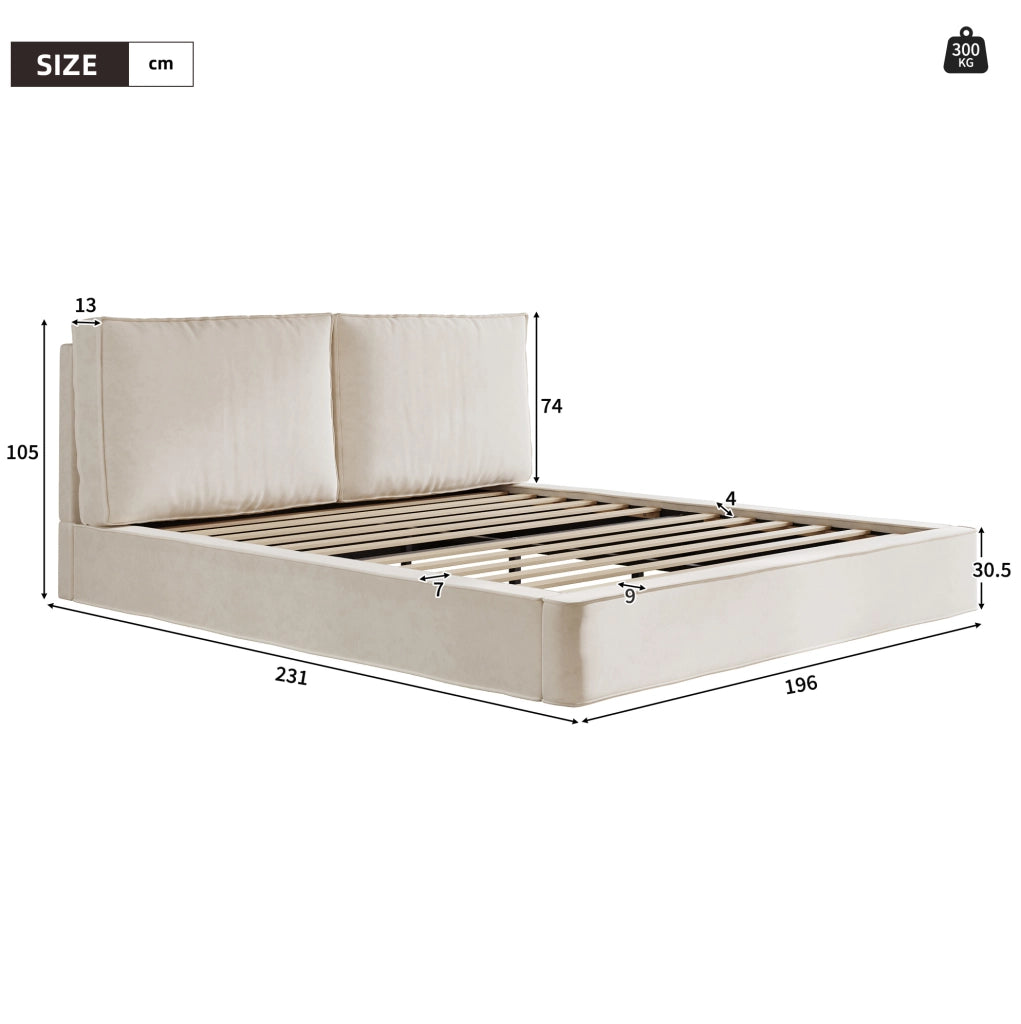 Letto imbottito 180x200 cm con testiera imbottita e rete in chenille beige