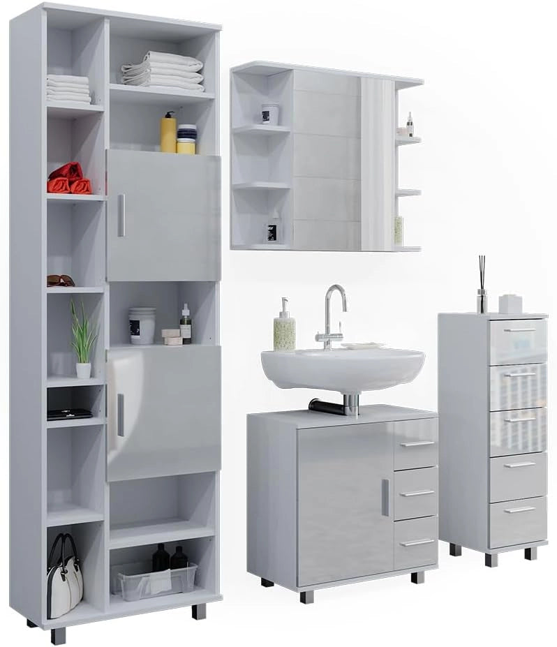 Set mobili bagno Ilias, Bianco lucido, 60 cm, composto da mobile lavabo, pensile a specchio, colonna e base media