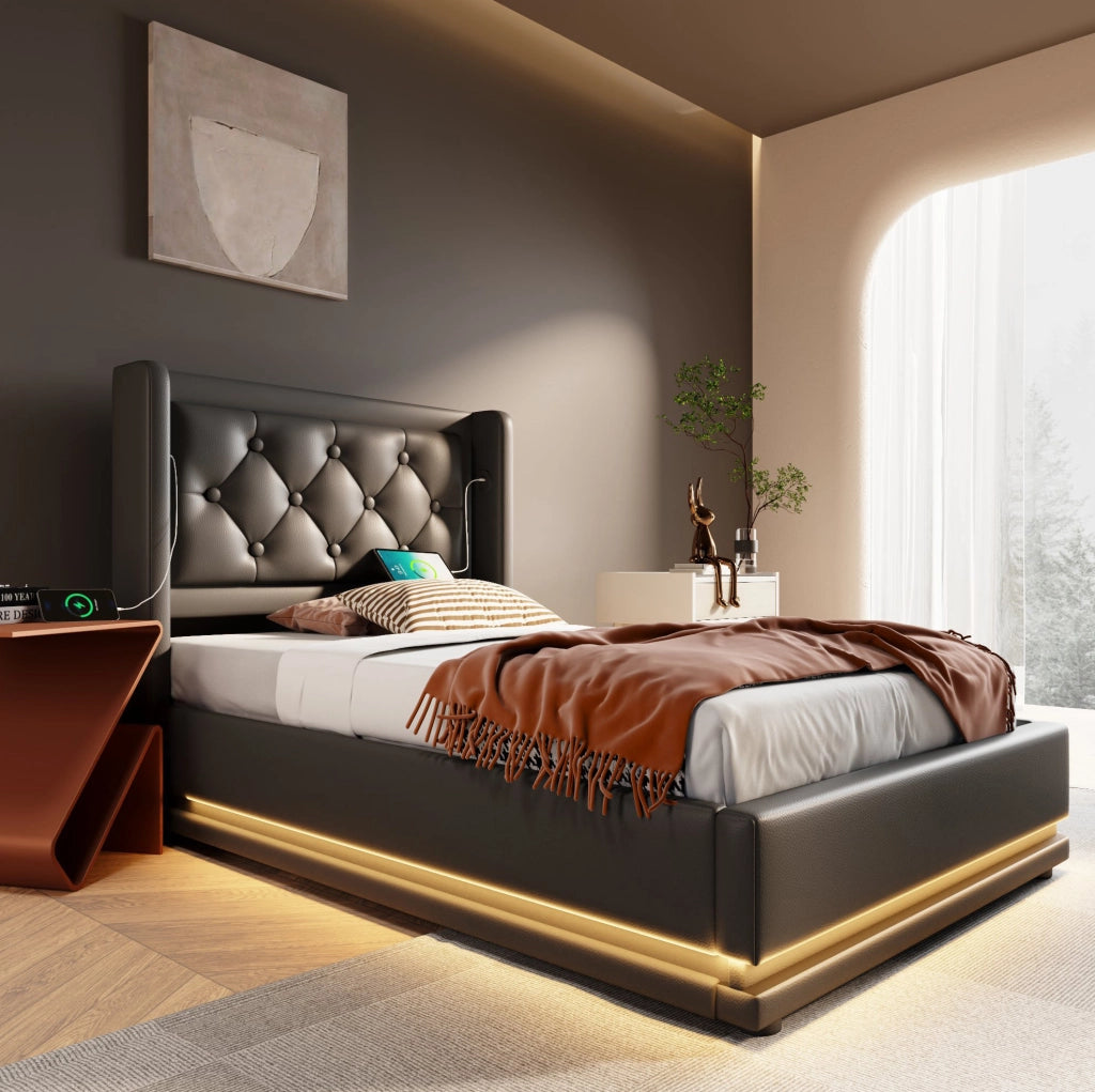 Letto singolo 90x200 nero in PU con contenitore idraulico, LED, USB-C e materasso