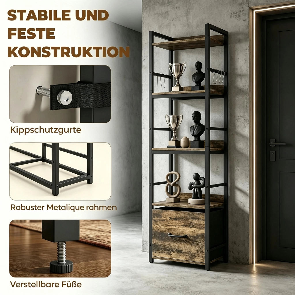 LIBRERIA a 4 ripiani con cassetto e 8 ganci 39x26x136,5 cm marrone rustico