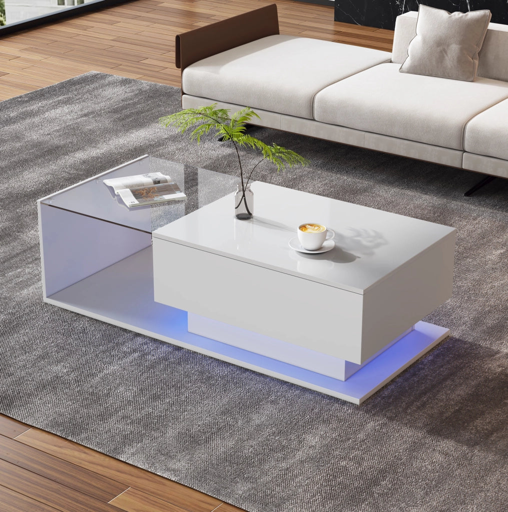 Tavolino da caffè bianco lucido con vetro; cassetto e LED Bluetooth 100x50x32 cm
