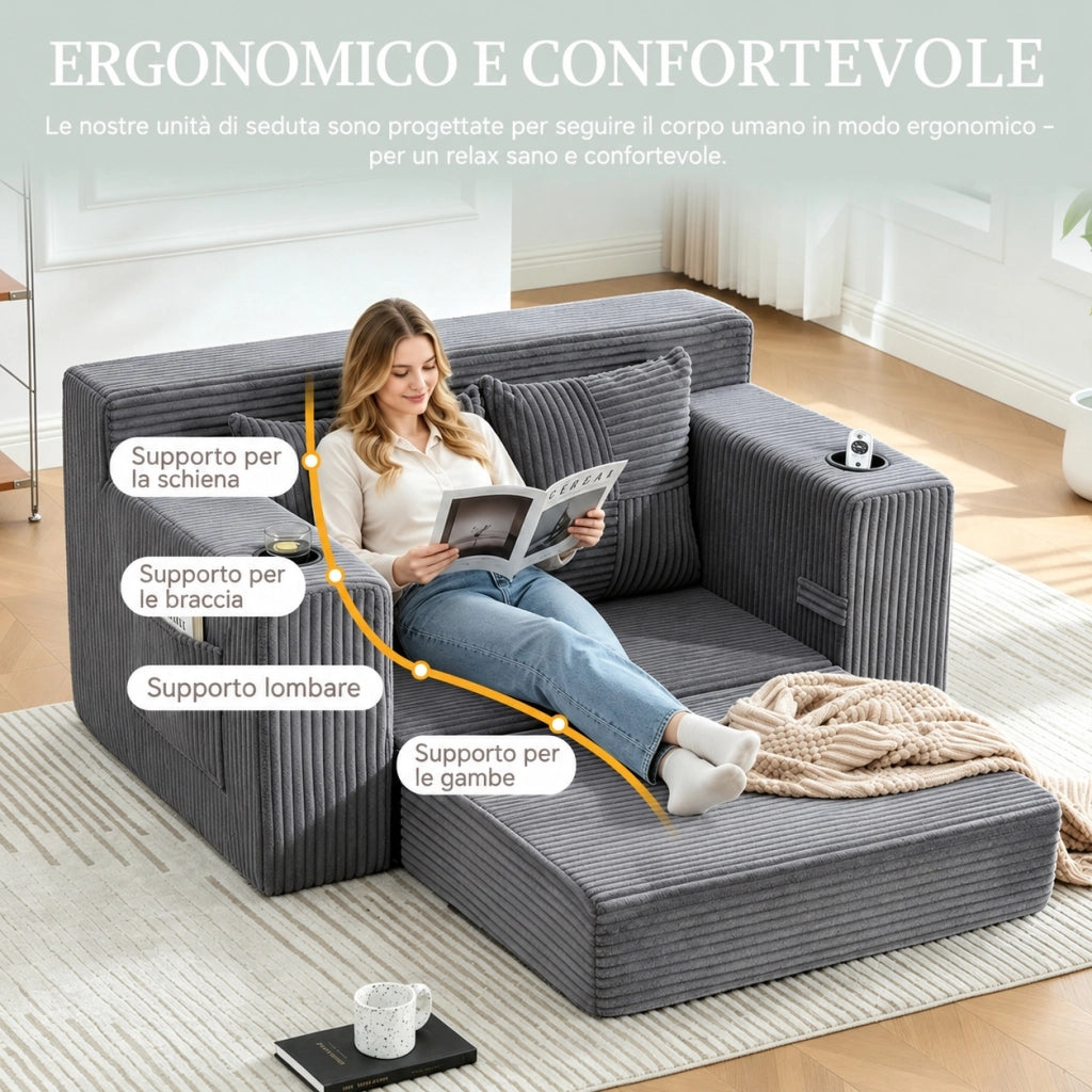 Divano letto matrimoniale due posti grigio in velluto a coste con portabicchiere