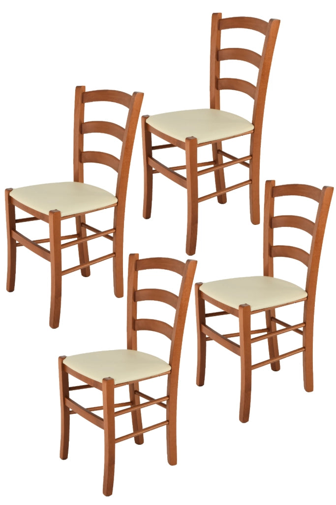 Set 4 Sedie Venice Tommychairs,struttura in faggio verniciata in color ciliegio e seduta rivestita in finta pelle avorio