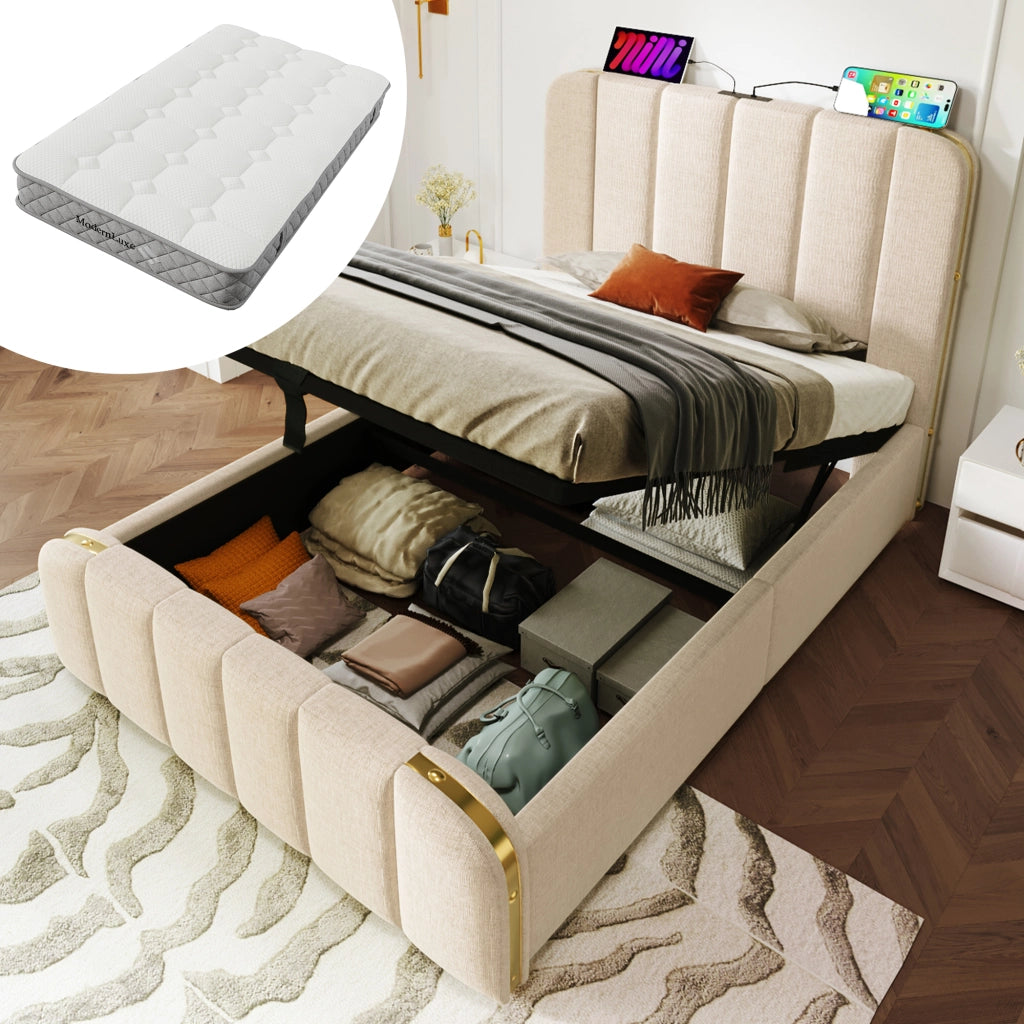 LETTO Contenitore 90x200 cm Beige in lino con materasso incluso