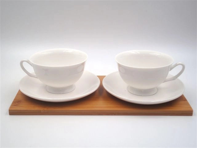 Set 2 tazze tazzine con piattini in ceramica + vassoio in bamboo