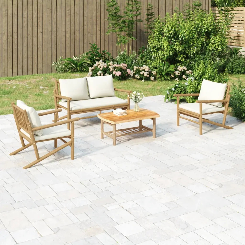 Set Salotto da Giardino 4pz con Cuscini Bianco Crema in Bambù 3156471