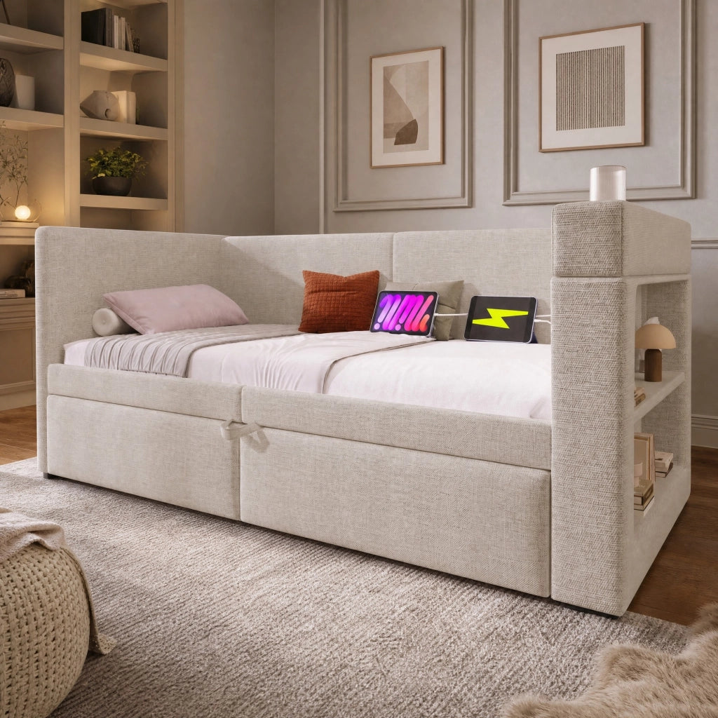 LETTO Divano 90x200 cm estraibile Beige in cotone e lino con USB e portabicchieri