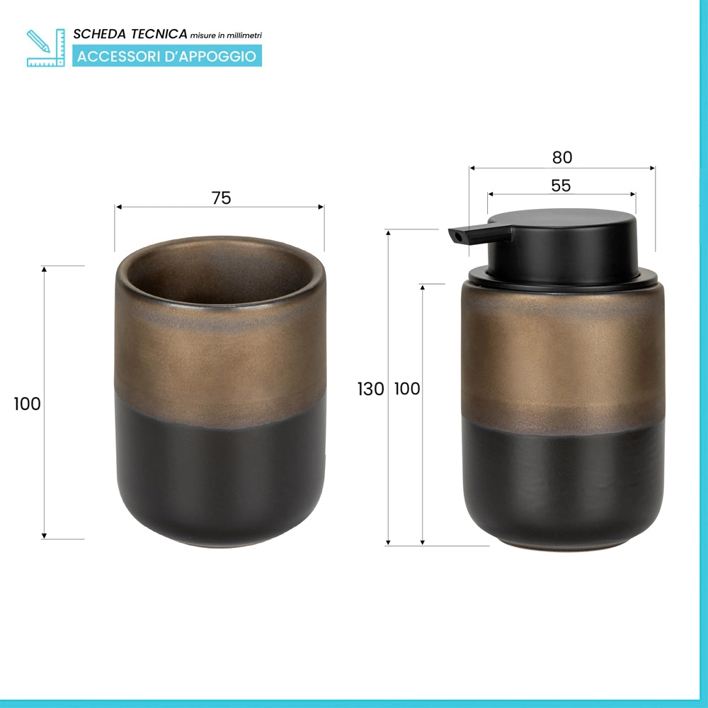 Set accessori bagno 3 pezzi nero opaco e bronzo in ceramica Teos