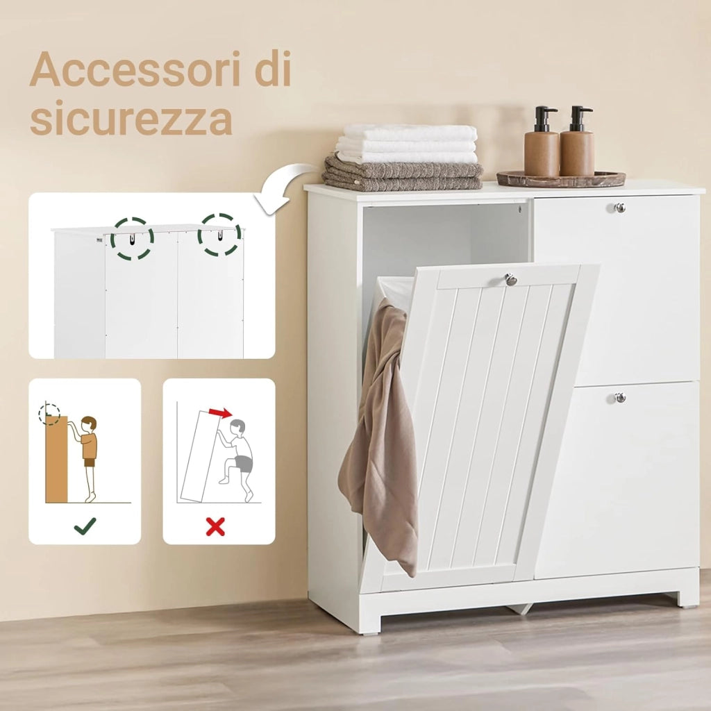 Mobile Bagno Salvaspazio Colonna Bagno Stretta 78x38x90cm con 1 Cesto Grande Integrato e 2 Cesti in Tessuto Estraibili – Armadietto Mobile Lavanderia BZR213-W