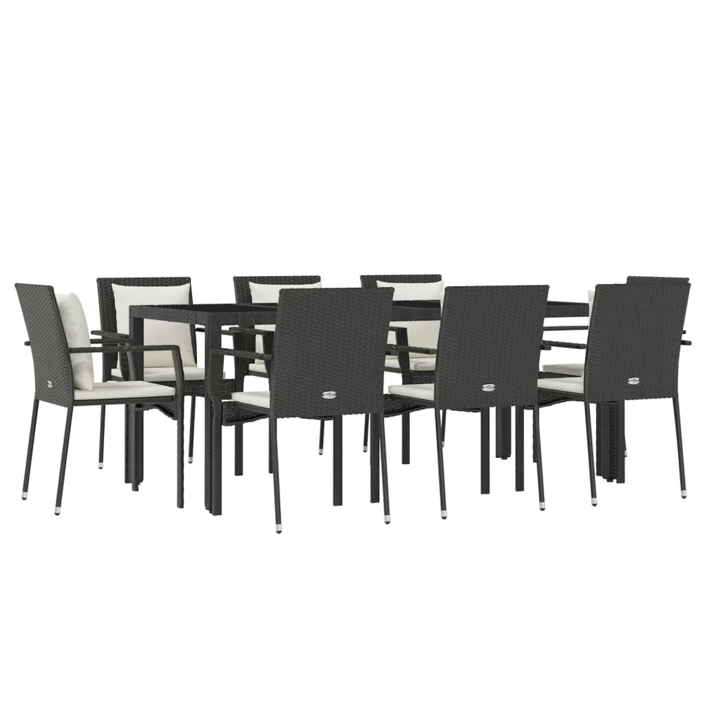 Set da pranzo da giardino da 9 pezzi e cuscini resina intrecciata nera 02_0014839