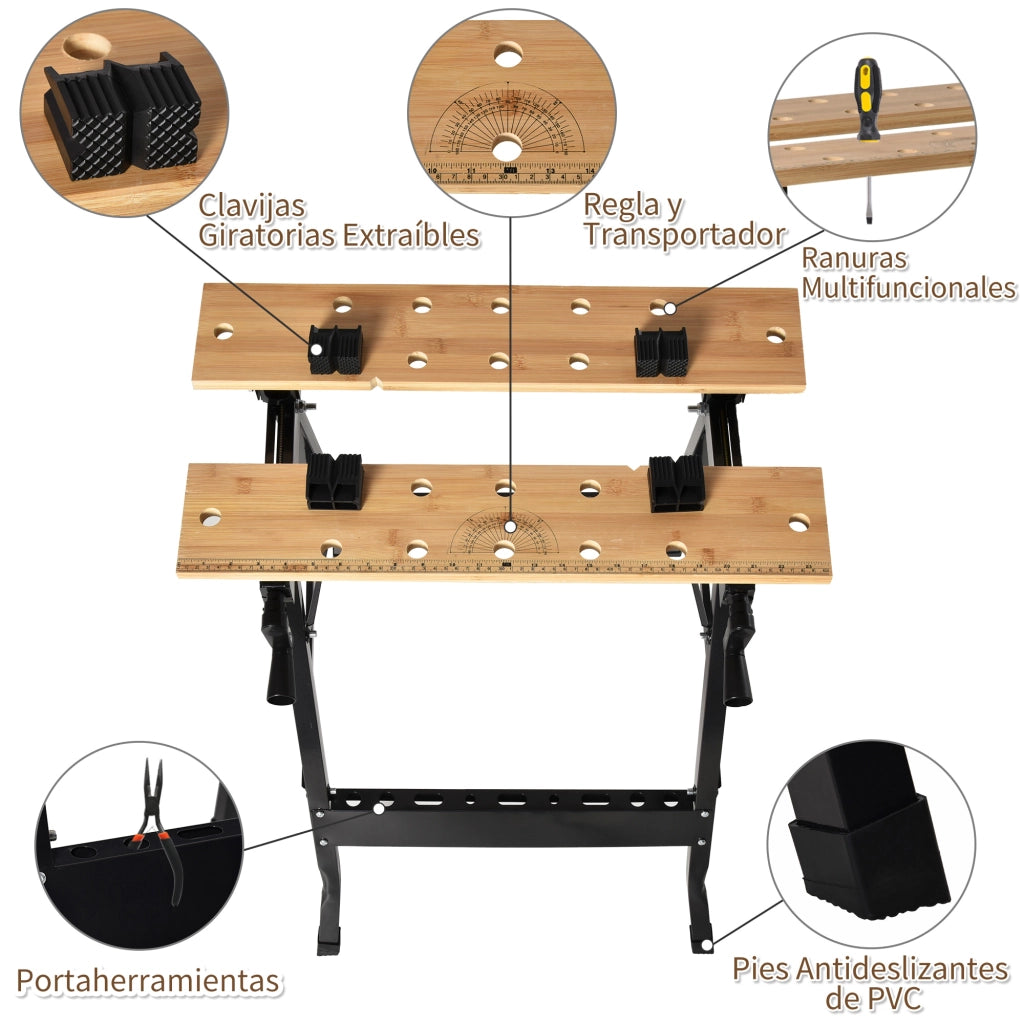 Banco da Lavoro Pieghevole Portatile con Ripiani Regolabili ¨C zephmum ¨C 63.5x60.5x78 cm Legno Naturale e Nero