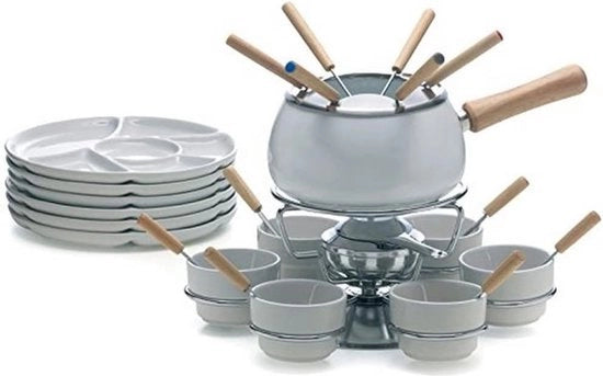 Set di fonduta - 28 pezzi - Bianco - Inclusi 6 Commensali/Taglieri/Fork - Natale