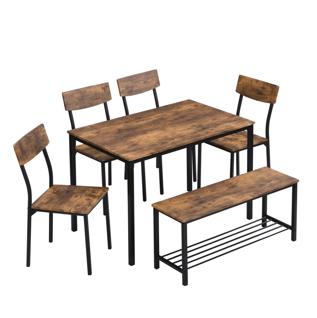 Set da pranzo con tavolo; 4 sedie e 1 sgabello; pannello truciolare e metallo; marrone