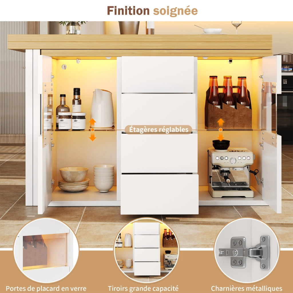 Credenza da cucina girevole a 360°; con 4 cassetti e porte in vetro; LED; per cucina e sala da pranzo