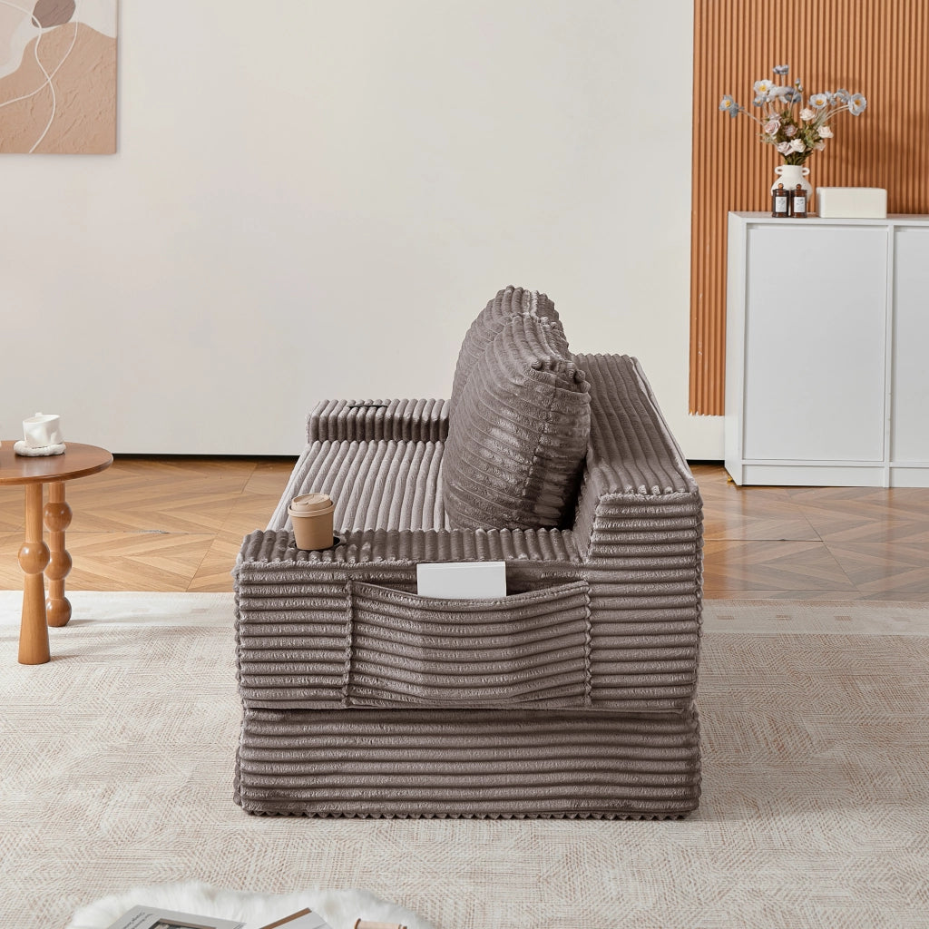 Divano letto 2 in 1 in velluto a coste marrone con portabevande laterali