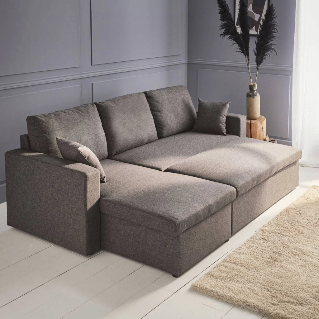 Divano letto angolare reversibile con contenitore, 3 posti, grigio