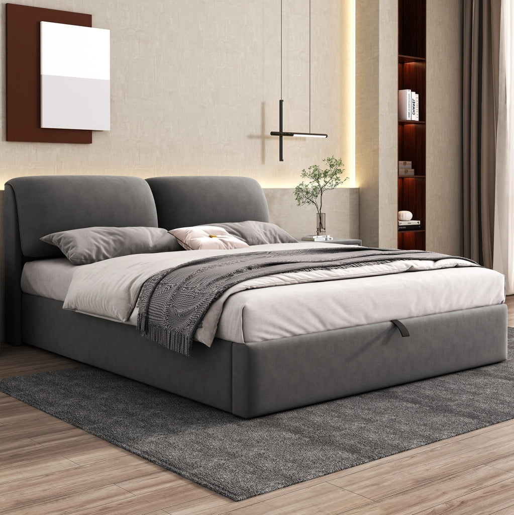 Letto imbottito 160x200 cm in velluto grigio con contenitore; 3 cassetti e testiera regolabile
