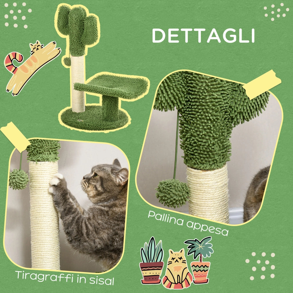 EasyComfort Albero per Gatti a forma di Cactus con Tiragraffi e Pallina da Gioco, 35x31x55.5 cm, Verde e Bianco
