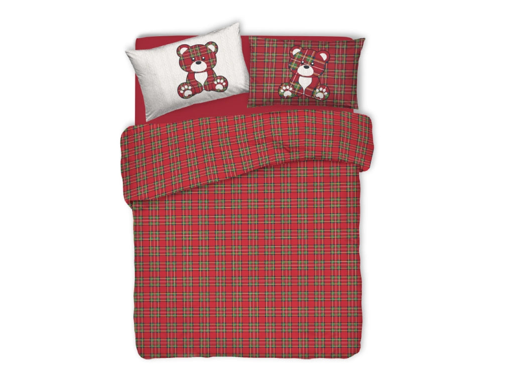 Copripiumino Sacco Piumone Pensieri Delicati 100% Cotone Orsetto Tartan - Matrimoniale - Rosso