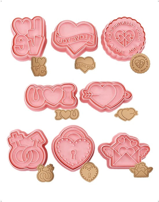 Set di 8 forme 3D per dolci per San Valentino, forme a forma di biscotto, forme per biscotti di compleanno, forme per fondant per dessert e pasticceria, 8 tipi