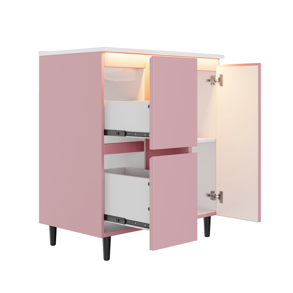 Mobile bagno con 2 cassetti e lavabo integrato; LED e piedini alti per bagno; rosa; 76×47×89 cm