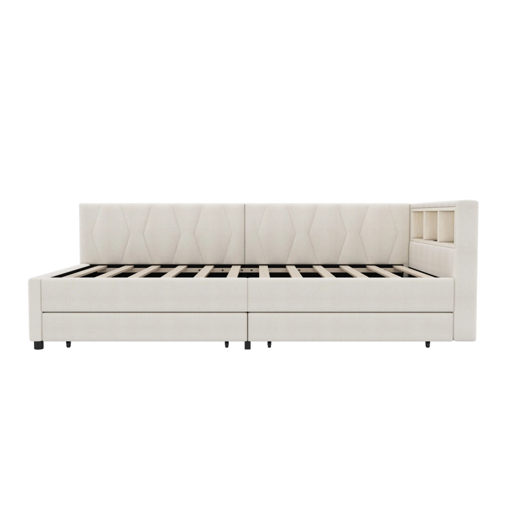 Divano letto daybed 90x200 cm in lino beige con LED; USB tipo C; 2 cassetti e vani portaoggetti