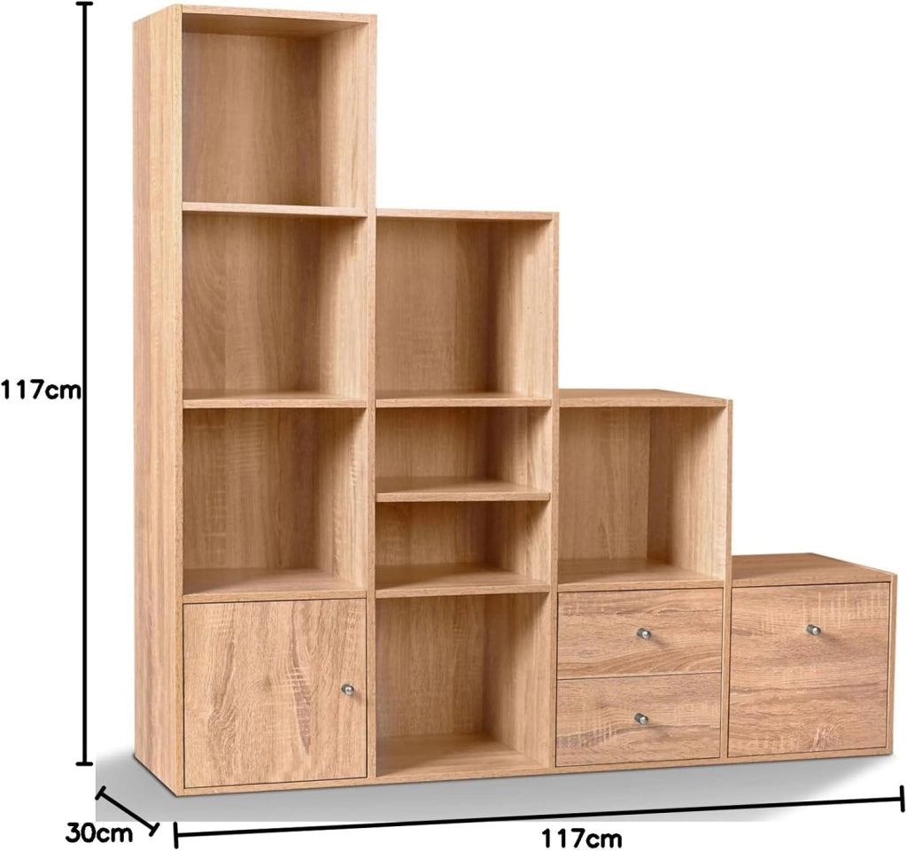 Libreria mobili a forma di scala a 4 livelli, look faggio con anta e cassetti LIAM
