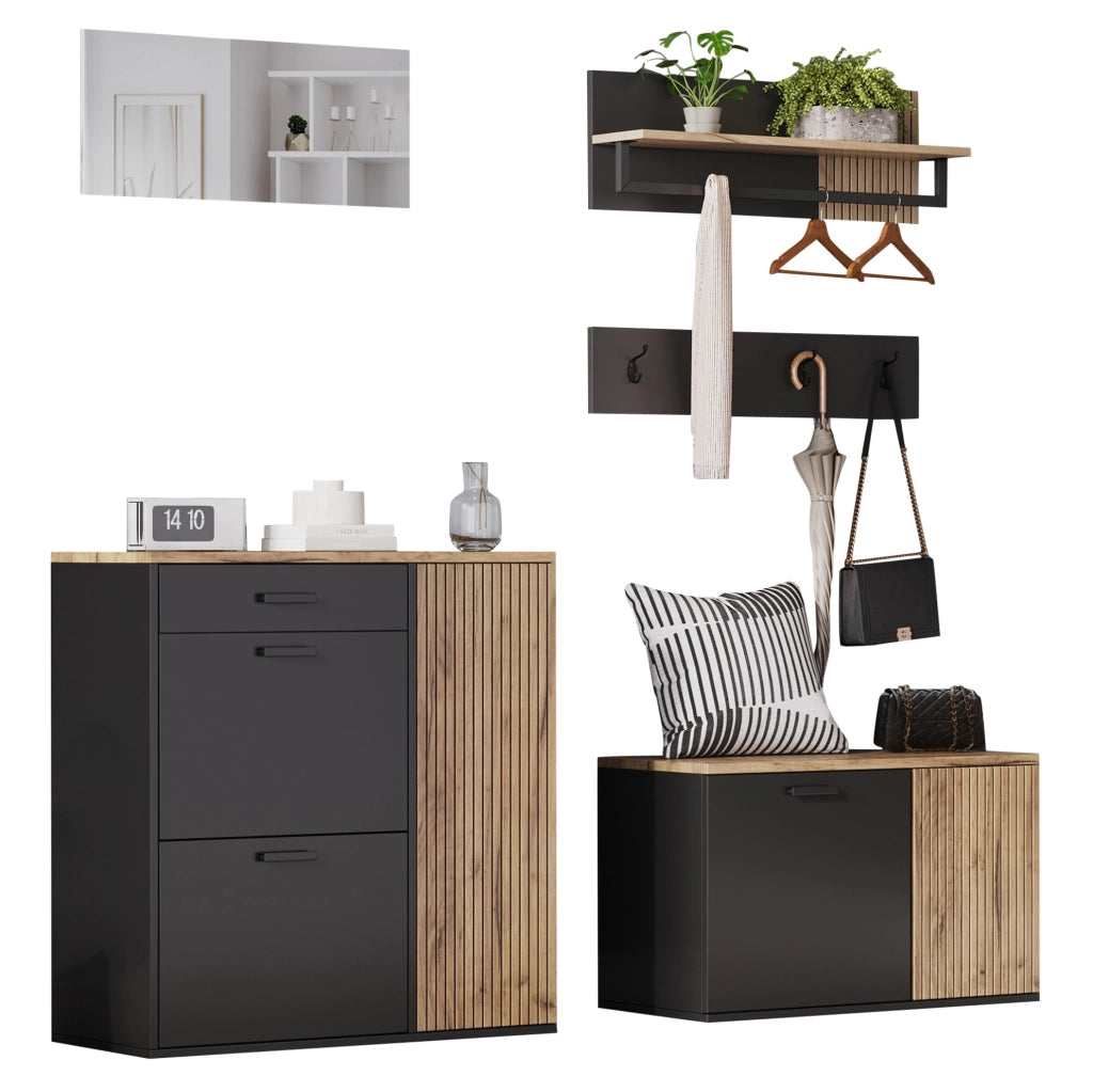 Set ingresso 5 pezzi con armadio scarpe; panca; specchio e appendiabiti; rovere naturale e nero