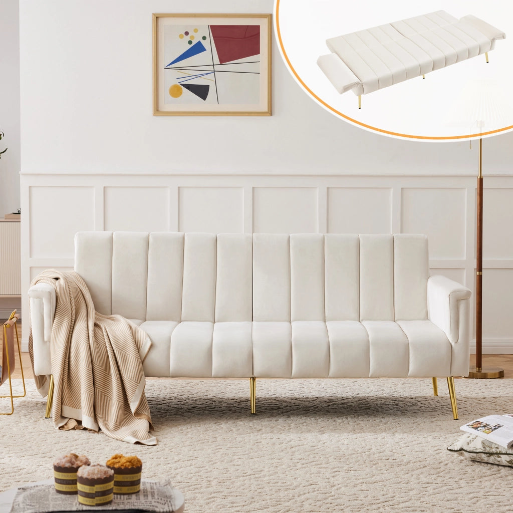 Divano letto convertibile con schienale e braccioli regolabili, gambe in metallo in velluto beige 183 × 76 × 75 cm