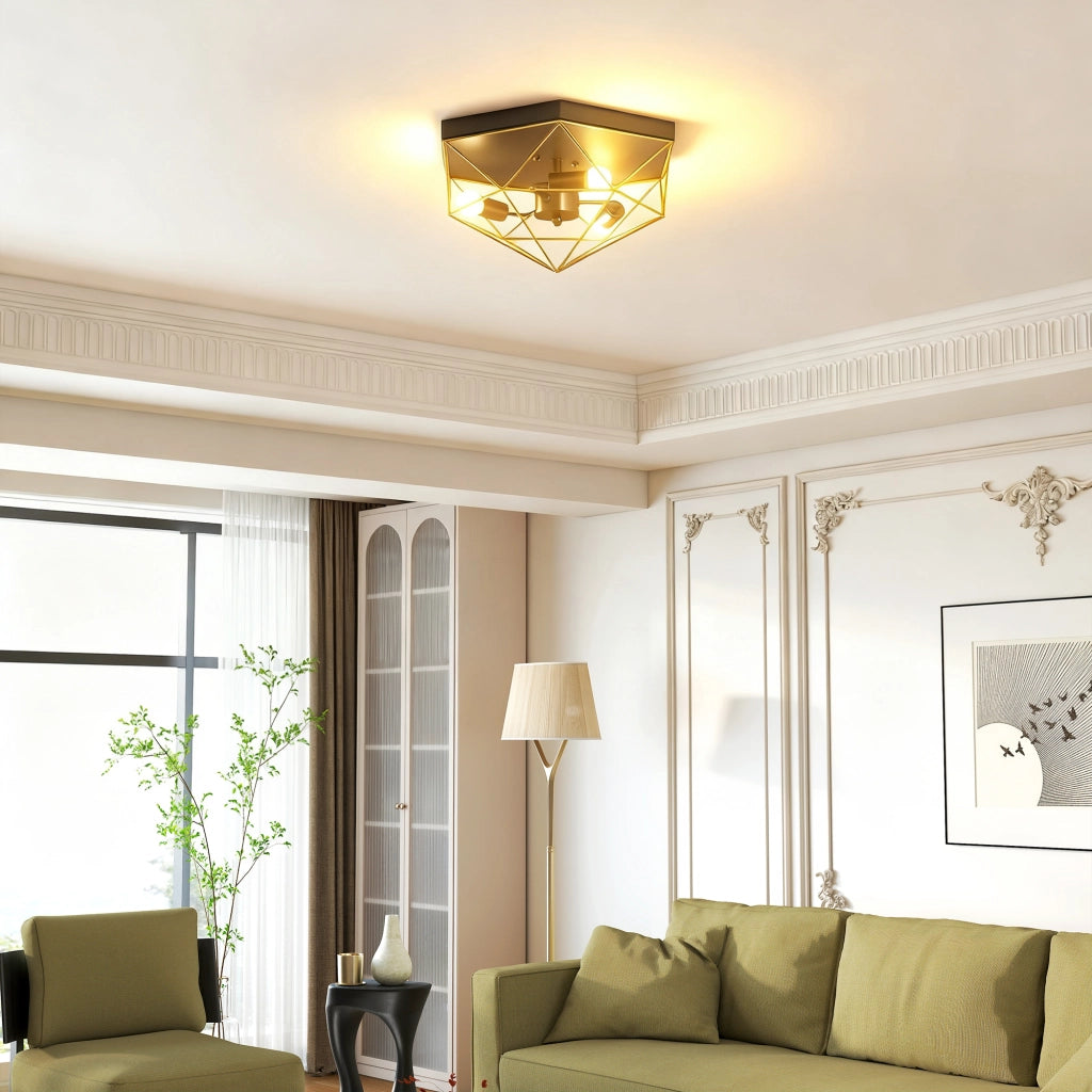 Lampada da Soffitto Stile Industriale Geometrica con 3 Attacchi E27 per Lampadine LED, Nero e Oro