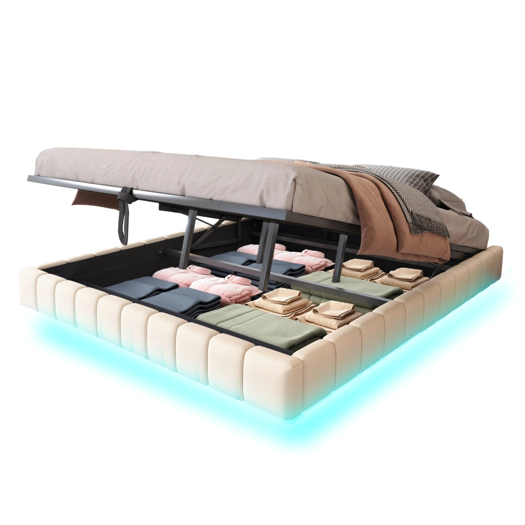 OKWISH Letto Contenitore 180×200 cm, Letto Matrimoniale con LED Regolabile e Sollevamento Idraulico, senza Materasso, in Tessuto, Beige