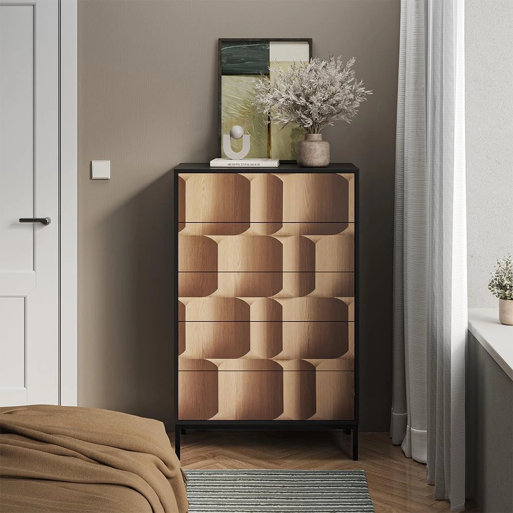 Cassettiera Eliza, Nero/quercia, 76 x 120 cm con 5 cassetti, per conservazione e utilizzo in camera da letto o corridoio