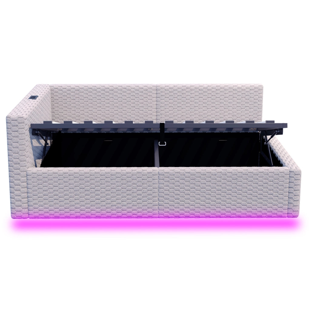 Letto imbottito 90x200 cm con vano contenitore, LED e porte USB/Type-C