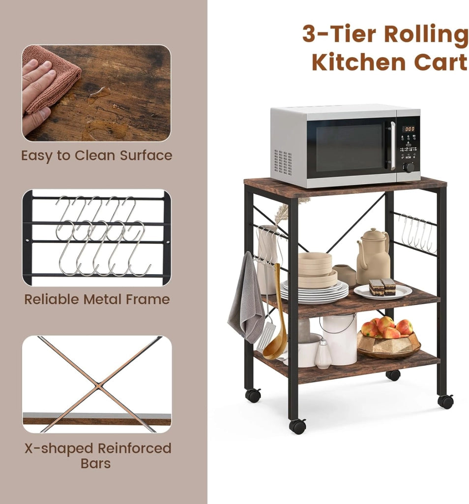 Carrello da Cucina con Rotelle, Carrello a 3 Livelli con Ripiani Regolabili e 10 Ganci a S, Carrello di Servizio in Legno e Metallo, Carrello Multiuso per Ufficio Cucina (Industria)