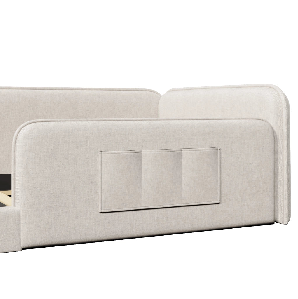 Letto a piattaforma 90x200 cm con tasche portaoggetti e struttura imbottita in lino beige