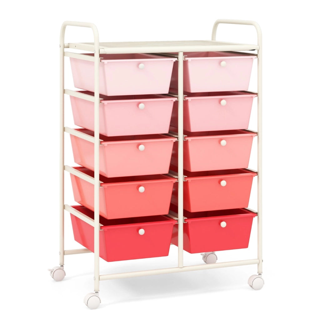 Carrello a 10 cassetti multiuso con ruote, Organizzatore per carta da scrapbooking e utensili da ufficio Rosa-Armadi da ufficio