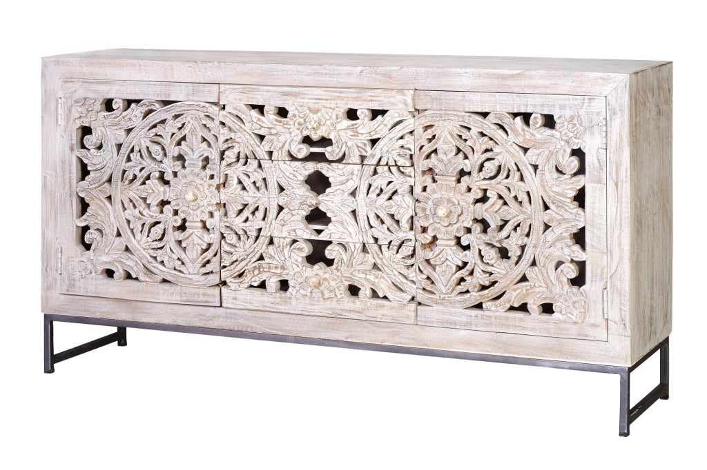 Credenza a 2 ante e 3 cassetti in massello di mango intagliato