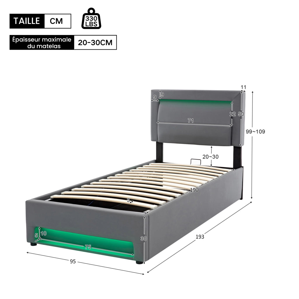 Letto Contenitore Matrimoniale 160x190 cm; USB; LED e Spazio Contenitore in PU Grigio
