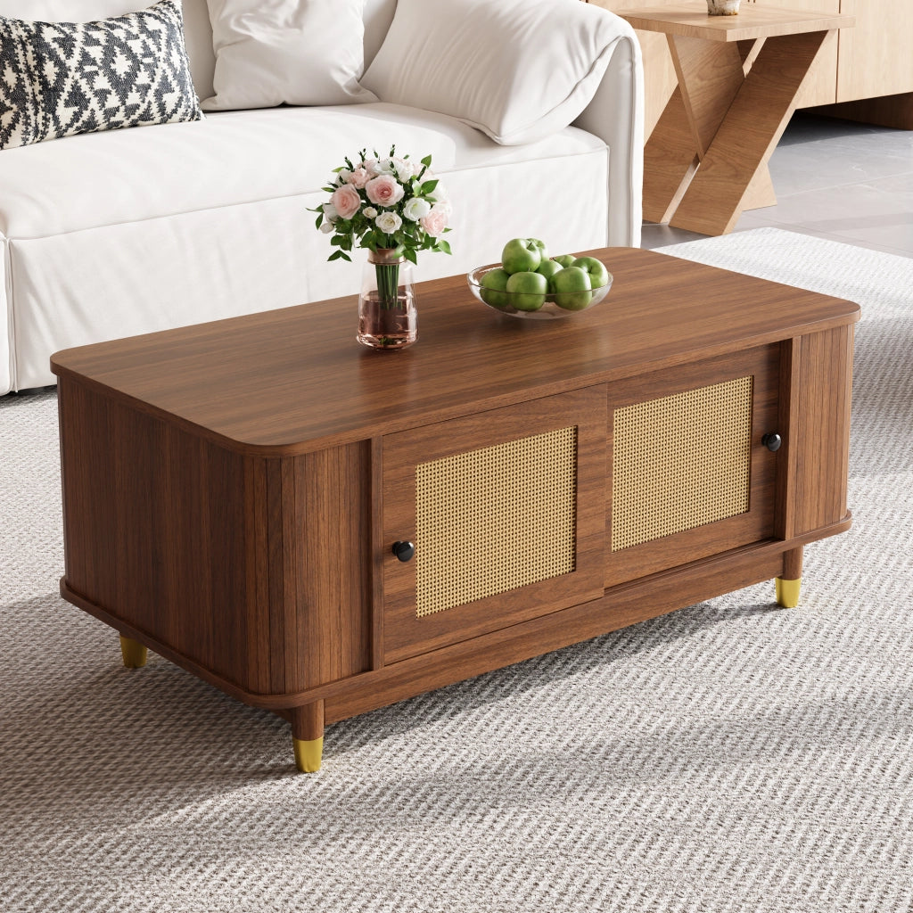 TAVOLINO da caffè con ante scorrevoli in rattan 100x50x42 cm MDF Noce