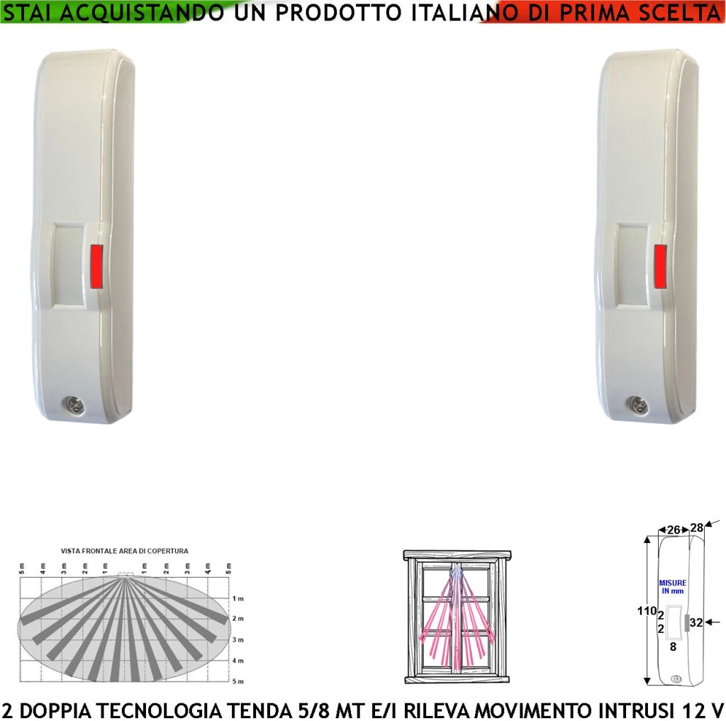 Sensore di Movimento Doppia Tecnologia Tenda 2 Pezzi Infrarosso e Microonda Portata 5 MT Ballatoio Interno Porticato Rileva Intrusi Invia Allarme Aliment. 12 V Assorb. 10 mA Cover Bianca ABS IP44