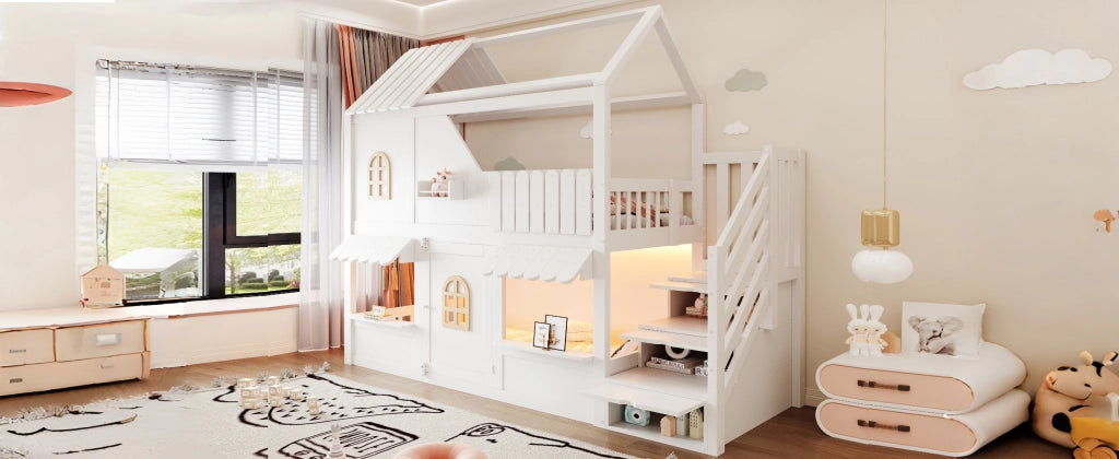 Letto a castello per bambini a forma di casa con LED, 90x200 cm, bianco