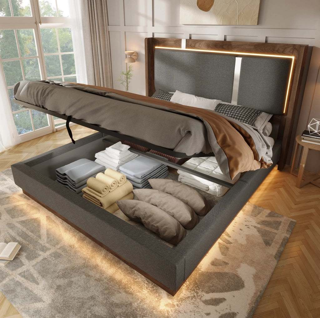 Letto imbottito 140x190 con LED, contenitore idraulico e rete a doghe