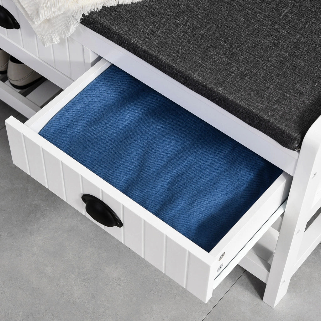 Appendiabiti da ingresso 2 in 1 con panca porta scarpe, ripiani e cassetti, struttura in MDF, bianco