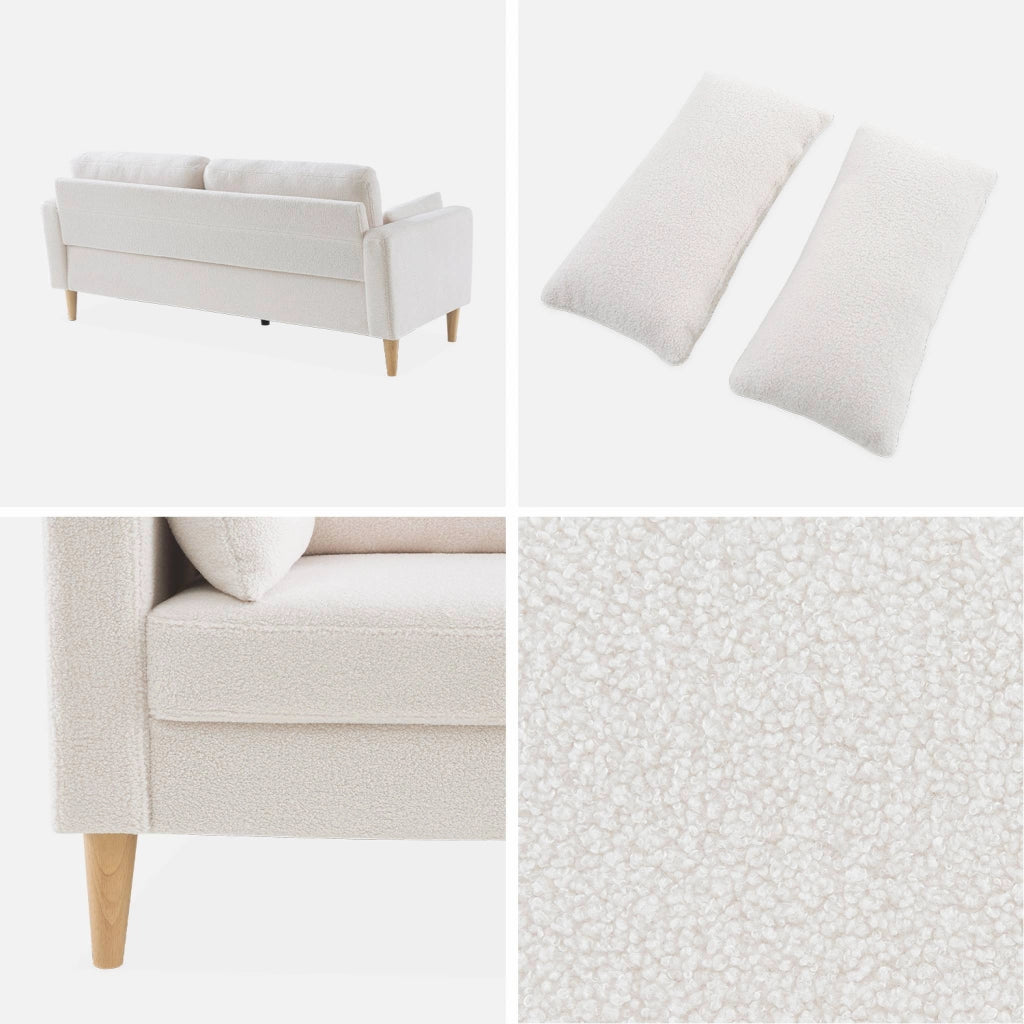 Divano stile scandinavo in legno e bouclé, 3 posti, crema