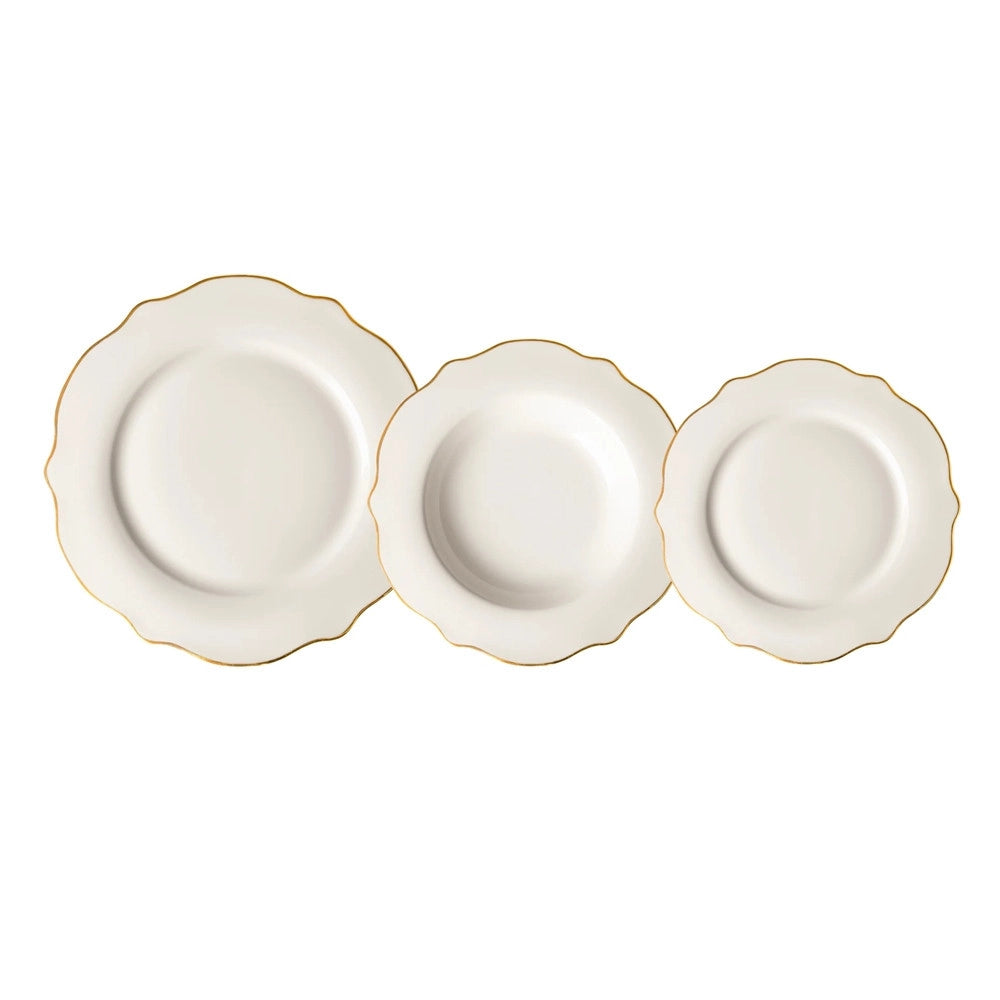 Trade Shop - Set Servizio Di Piatti Da Tavola In Porcellana 18pz Design Elegante Con Bordi Smerlati Oro -