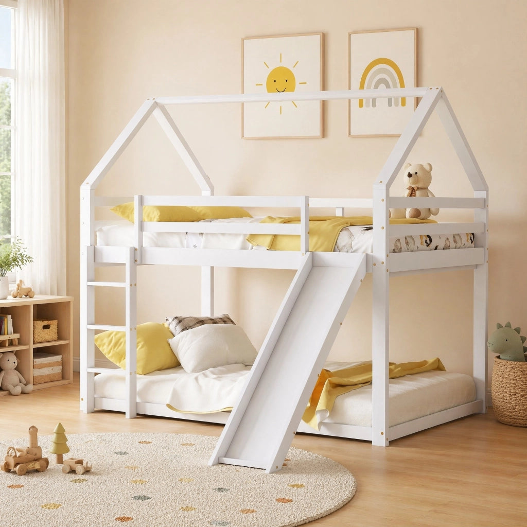 LETTO A CASTELLO A CASETTA CON SCIVOLO E SCALA 140x200 cm BIANCO
