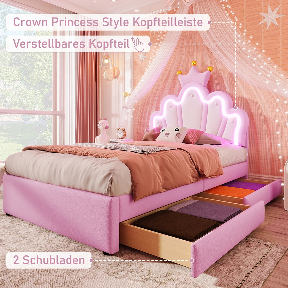 Letto bambino-Xylo-90x200 cm-2 cassetti, LED, testiera corona, PU rosa