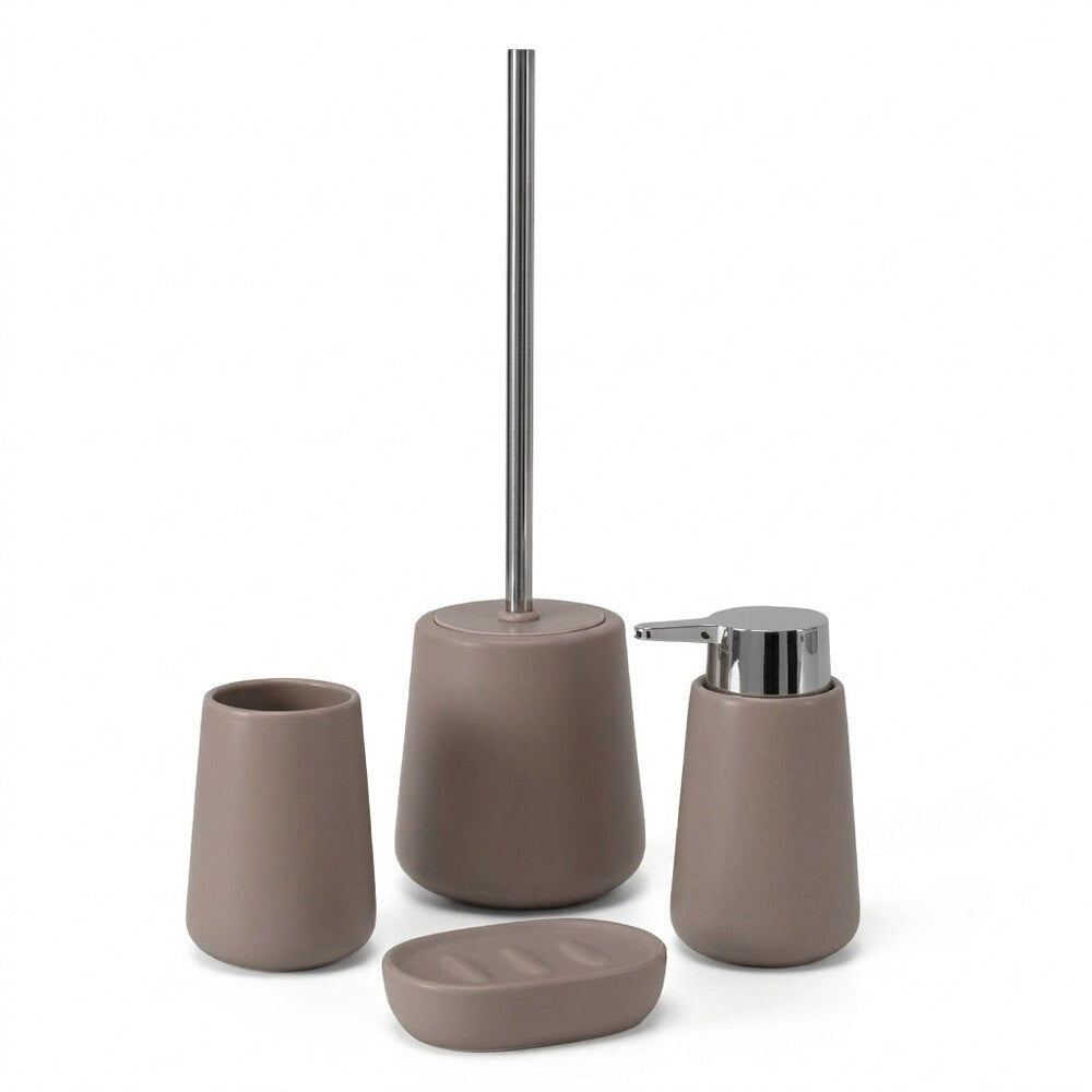 Set accessori bagno completo da 4 pezzi in ceramica tortora e cromo Sidney
