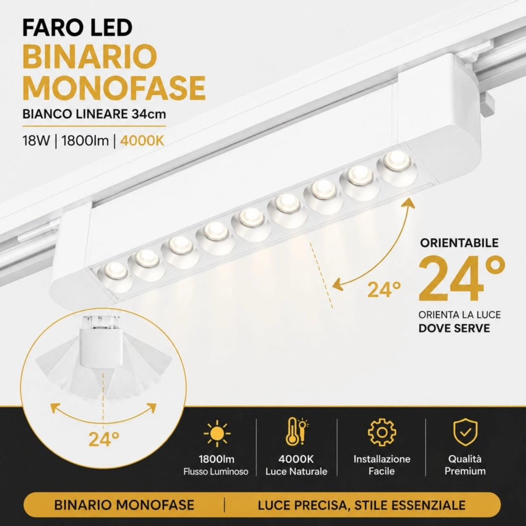Faro Led Binario Monofase, Bianco Lineare 34cm 18W 1800lm 24° Orientabile, Disponibili 3000K 4000K (Bianco Neutro 4000K)